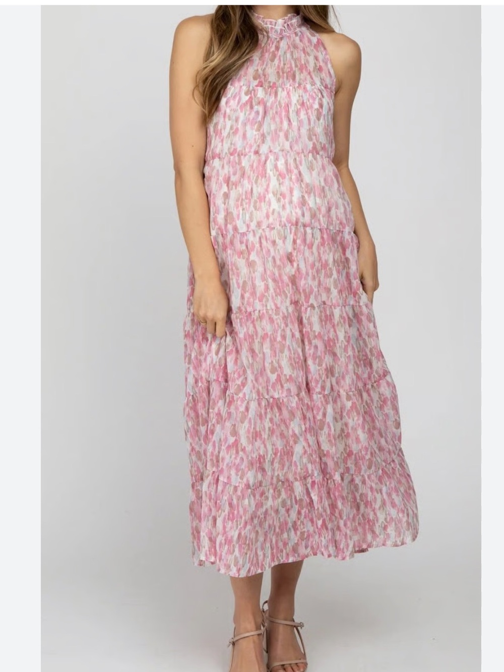 Entro Halter Neck Pink Print Tiered Maxi Dress